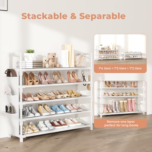 5 Tier Shoe Rack, Shoe Organizer Storage for 20-25 Pair Boot and Sneaker, Stackable Free Standing Shoe Shelf with Hooks and Side Pocket, Space Saving Shoes Rack for Closet, Entryway, White - color: White, size: 33.3"W - 5 Tier