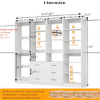 Closet System with 4 Sets, 8-21FT Closet Organizer Systems with 6 Drawers & 7 Hanging Rods & Adjustable Shelves, Walk in Closet Standalone Closet System Modular Closet System Set White