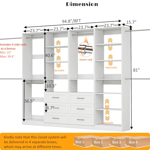 Closet System with 4 Sets, 8-21FT Closet Organizer Systems with 6 Drawers & 7 Hanging Rods & Adjustable Shelves, Walk in Closet Standalone Closet System Modular Closet System Set White