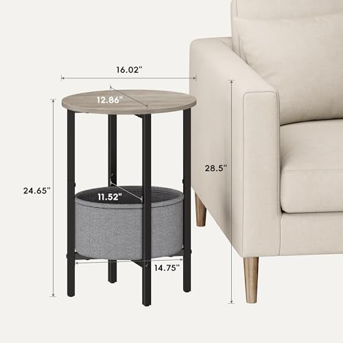 Vagusicc Round Side Table End Table with Storage Basket, Small Side Table Round Nightstand for Small Spaces, Tall Oval End Table with Steel Frame, Coffee Bedside Table for Living Room Bedroom, Greige - color: Greige