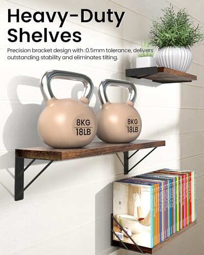 BAYKA Wall Shelves for Bedroom Decor, Floating Shelves for Wall, Display Mounted Rustic Wood Shelf for Books,Plants,Corner Shelves for Bathroom,Kitchen,Living Room(Rustic Brown,Set of 3) - color: C. Rustic Brown Board & Black Brackets, size: 16-inch Mixed
