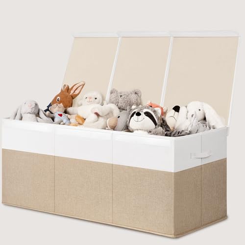 INDRESSME 185L Extra Large Toy Box, Toy Storage Organizer Collapsible Storage Bins with Lids Toy Chest for Playroom, Living Room, Toy Baskets Storage Kids, Boys Girls 39" x 17" x 17" (Beige & White) - color: Beige & White, size: 39"x17"x17"
