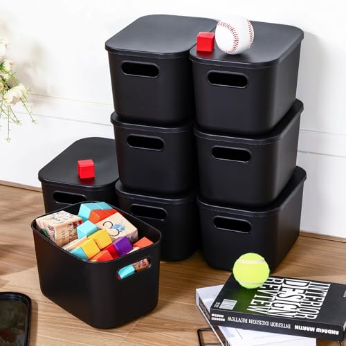 Hoolerry 8 Pieces Colorful Storage Bins with Lid, Plastic Storage Basket Organizing Container Stackable Box with Handle for Shelves Desktop Playroom Office(9.8 x 7.1 x 6.3 Inch,Black) - color: Black, size: 9.8 x 7.1 x 6.3 Inch