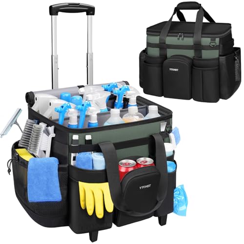 Ytonet Cleaning Caddy with Wheels, Extra Large Rolling Cleaning Caddy Bag with Detachable Trolley for Housekeepers, Water Resistant Cleaner Supplies Organizer with Wheels for Kitchen, Tool Organizer - color: Black Green, size: X-Large