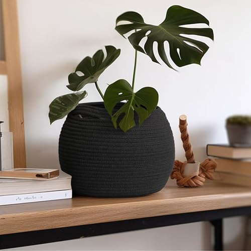 MEGASKET Black Woven Storage Basket, 11" x 9" Indoor Plant Basket for Decor, Decorative Small Cotton Rope Bin for Organizing Pet Toy, Gifts, Towel, Cloth, Socks, Wicker Planter Holder, Modern Shoe Bin - color: Black