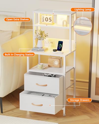 Furnulem Night Stand, Tall White Nightstand with 4-Tier Shelves, 2 PU Fabric Drawers and Led Lights, Bed Side Tables with Charging Station, Bedside Table for Bedroom - color: White, size: 2 Drawer