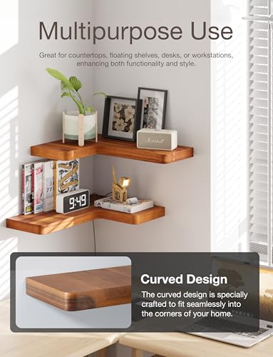 BATODA Acacia Wood Corner Floating Shelves 17" x 12"– Corner Shelf Wall Mounted - Floating Book Shelves for Wall - Brackets and Shelving Hardware Included for Kitchen, Living Room, Bathroom (Set 2) - color: Acacia