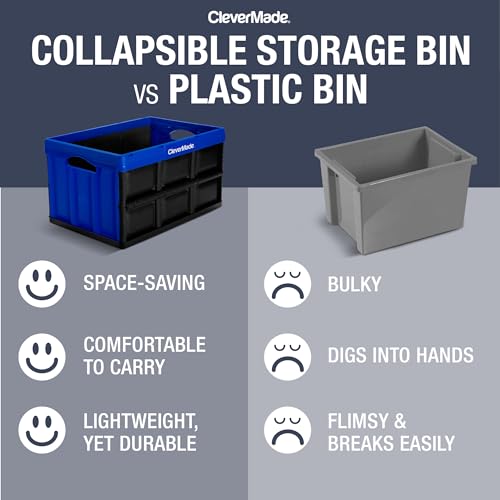 CleverMade Collapsible Storage Bins - Royal Blue 3 Pack 46L - Stackable Containers Heavy Duty Capacity Folding Crates - Space-Saving for Home