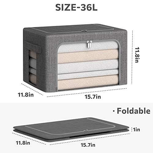 CYhom Clothes Storage Bins Box - Linen Fabric Foldable Stackable Container Organizer Set with Clear Window & Carry Handles & Metal Frame (Dark Gray, Medium-36L) - color: Dark Gray, size: Medium-36L