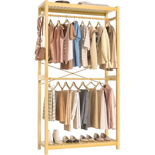 Homykic Bamboo Clothes Rack with Shelves and Double Hang Rods, Portable Closet System Garment Rack for Hanging Clothes, Tall Clothing Rack Corner Closet Organizer, Easy to Built, Natural - color: Natural, size: Standard