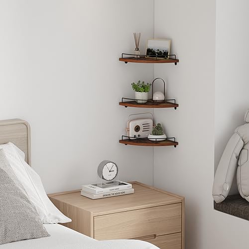 HORLIMER Floating Corner Shelf Wall Mount, Set of 3 Rustic Wood Corner Wall Shelves with Fence for Bedroom, Living Room, Bathroom, Kitchen, Brown - color: Brown - 3 Pack, size: Fan-Shaped