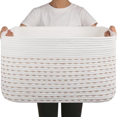 OIAHOMY 75L Blanket Basket, Woven Cotton Rope Basket for Organizing 22”x17”x12”, Used for Living Room, Bedroom, Nursery, Light Yellow & White - color: Light Yellow & White, size: 22”x17”x12”