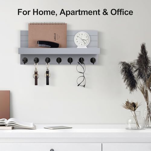 Lwenki Key Holder Wall Mount, Entryway Key and Mail Holder with 7 Sturdy Hooks for Sunglasses, Dog Leash, Decorative Wall Shelf with Mounting Hardware, 15”W x 6.7”H x 4.2”D (Gray) - color: Gray