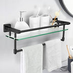 20-inch Glass Shelf with Towel bar, Matte Black-Finished Rail, Rectangular Stainless Steel Shelf, Wall-Mounted Storage Rack - color: Matte Black, size: 20-inch with Railing