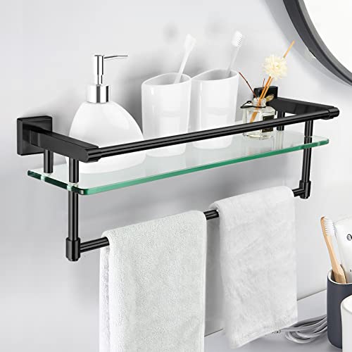 20-inch Glass Shelf with Towel bar, Matte Black-Finished Rail, Rectangular Stainless Steel Shelf, Wall-Mounted Storage Rack - color: Matte Black, size: 20-inch with Railing