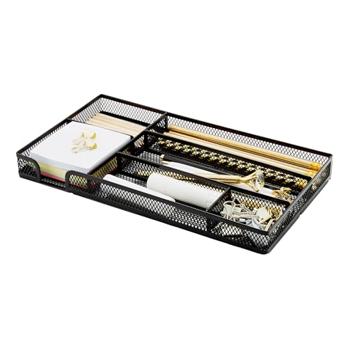 Annova Desk Drawer Organizer Tray for Office Organization - Metal Mesh - Storage Tray with Dividers for Pens, Desktop Accessories, Bathroom, Kitchen, Makeup and Office Supplies (Small, Black) - color: Black, size: Small
