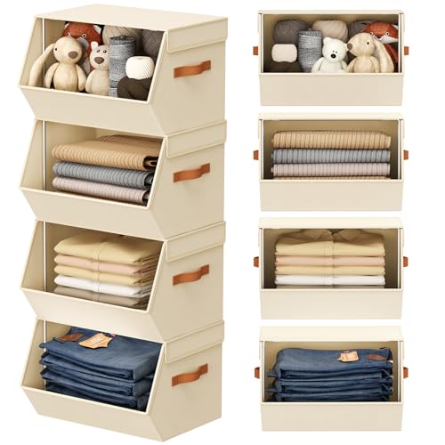 Stackable Closet Organizers and Storage Bins, Open Front Closet Shelf Organizer System With Steel Frame, Clothes Storage Basket Fabric, Collapsible Closet Drawers for Wardrobe, Nursery ,Toy, 4 Pack - color: Beige, size: 11.4 x 12.6 x 9.8. - 4 Pack