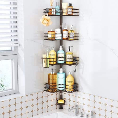 HapiRm Corner Shower Caddy Organizer - Shower Organizer Corner with Soap Holder, Toothbrush Holder and 4 Hooks, Rustproof Bathroom Shelf Tension Pole Available for 27.6 to 108.3 Inch - Bronze - color: Bronze