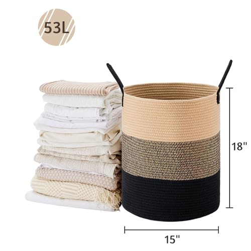VIPOSCO Large Laundry Hamper, Tall Woven Rope Storage Basket for Blanket, Toys, Dirty Clothes in Living Room, Bathroom, Bedroom - 53L Brown & Black - color: Brown & Black, size: 53L