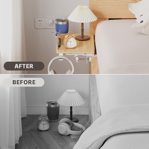 Magheo Bedside Shelf Wood, Foldable Clip-On Bed Shelf for Top Bunk Space Saving Bed Side Table Tray for College Dorm Essentials,Loft Nightstand Organizer Tray with Removable Cup Holder, Hooks, Groove - size: Foldable+cup holder/hooks/groove