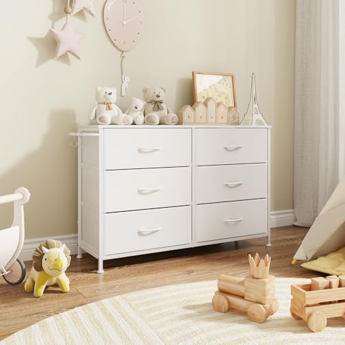 Dresser for Bedroom with 6 Drawers, Small Fabric Dressers for Kids Bedroom, Chest of Drawers, Storage Organizer Dresser for Closet, Nursery, Dorm, Apartment, TV Stand Living Room Wooden Top (White) - color: White, size: 11.8"D x 39.4"W x 25.6"H (6 Drawers