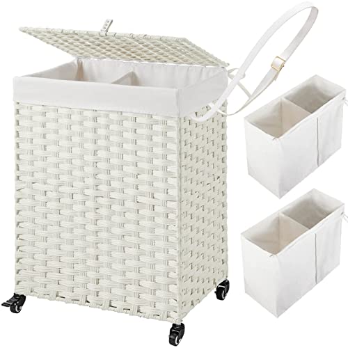 Greenstell Laundry Hamper with Wheels, No Install Needed, 90L Divided Handwoven Hampers & 2 Removable Liner Bags, Rattan Clothes Laundry Basket with Lid & Handles, Foldable Hampers White - color: White, size: 90L: 18.3x13.5x26.4 Inches