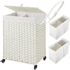 Greenstell Laundry Hamper with Wheels, No Install Needed, 90L Divided Handwoven Hampers & 2 Removable Liner Bags, Rattan Clothes Laundry Basket with Lid & Handles, Foldable Hampers White - color: White, size: 90L: 18.3x13.5x26.4 Inches