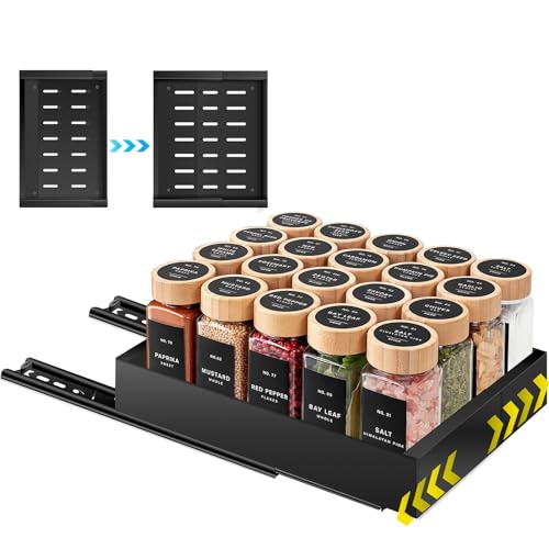 Pull Out Spice Rack Organization for Cabinet, Slide Out Expandable Spice Organizer, Adjustable Spice Cabinet Organizers, Cabinet Size Need: 2.4" Highx10.6" Deepx(6" to 8.2")Wide, Hold 20 Spice Jar