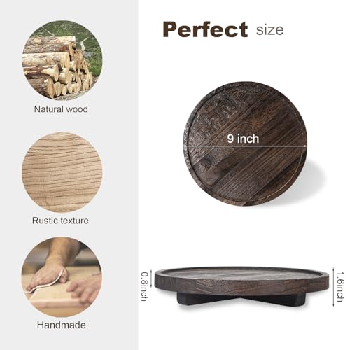 Round Decorative Tray Wood Bathroom Counter Organizer Farmhouse Kitchen Decor Wooden Riser for Soap Dish, Perfume, Candle, Sponge, 9 Inch, Dark Brown - color: Dark Brown, size: 9"