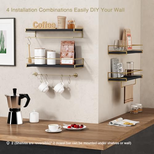 Forbena Black and Gold Bathroom Floating Shelves for Wall, Decorative Wall Mounted Shelves for Kitchen Coffee Bar Station Organizers and Storage, Hanging Shelving Unit for Bedroom Living Room (2-Pack) - color: 7. Black-gold