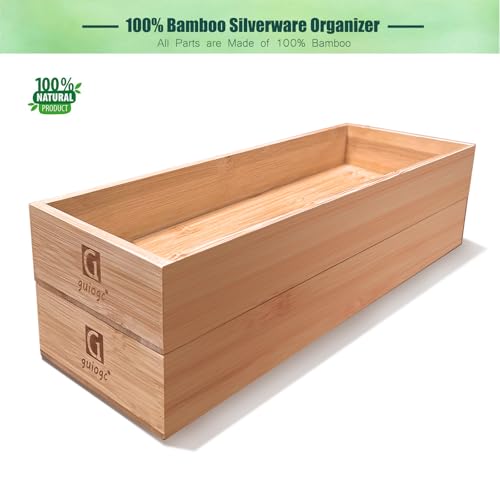 guiogc Silverware Drawer Organizer, Utensil Organizer, Bamboo Storage Box Wood Tray for Drawer Set of 2 - size: 11.6" x 3.15" x 1.8"