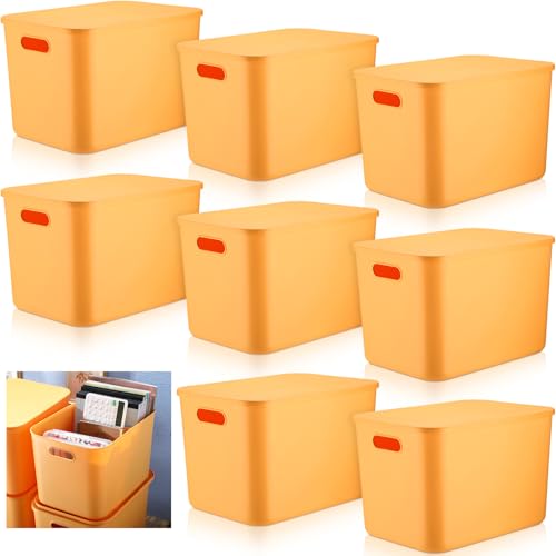 Hoolerry 8 Pieces Colorful Storage Bins with Lid, Plastic Storage Basket Organizing Container Stackable Box with Handle for Shelves Desktop Playroom Office(14.2 x 10.2 x 9.5 Inch,Yellow) - color: Yellow, size: 14.2 x 10.2 x 9.5 Inch