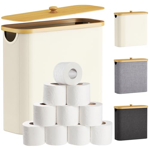 Lifewit Toilet Paper Storage Holder for 12 to 16 Rolls, Free Standing Toilet Paper Basket Stand with Bamboo Lid, Collapsible Fabric Bathroom Organizer Box for Mega Rolls, 30L, Extra Large, White - color: White, size: 30L