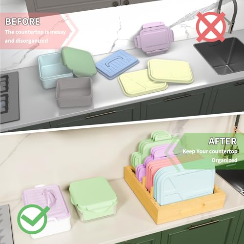 Lid Organizer for Cabinet – Bamboo Kitchen Storage for Plastic Lids, Adjustable Drawer Dividers, Food Container Organizer (Fits Cabinets & Drawers) (Large) - size: Large
