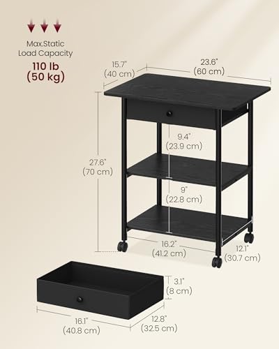 VASAGLE Printer Stand with Locking Wheels, Industrial Mobile Cart, Under Desk Printer Table for Home Office, 23.6 x 15.7 x 27.6 Inches, 2 Storage Shelves, Drawer, 3-Tier, Ebony Black - color: Ebony Black, size: 3 Tiers with Drawer