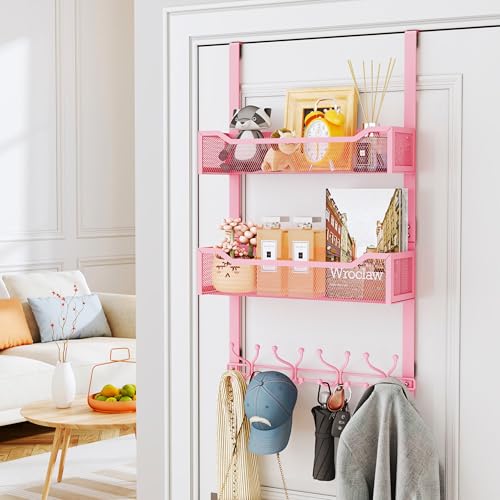 SWTYMIKI Over The Door Hooks Organizer - Multi-Functional Door Hanger with 16 Hooks & 2 Mesh Baskets, Long Coat Rack for Bathroom, Bedroom, Living Room, Home Storage Organizer, Pink - color: Pink