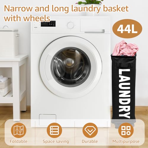 23inch Slim Laundry Basket 44L Rolling Laundry Hamper on Wheels -Collapsible Clothes Hamper with Handle -Freestanding Laundry Bin Narrow Laundry Bag Yoga Mat Storage Racks