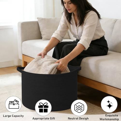 65L Large Blanket Basket,Woven Rope Laundry Basket Hamper with Handles,Decorative Nursery Basket Storage Bin for Toys, Pillows , Clothes Organizer, Living Room, Bedroom, Bathroom, Black - color: Black, size: 19.7"L x 19.7"W x 13"H(65L)