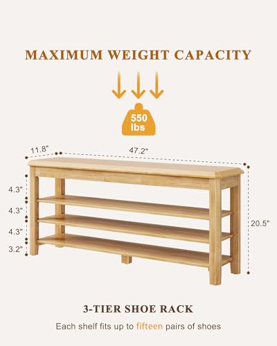 IUNVR Shoe Rack Bench Seat Rubberwood 3-Tier Wooden Storage Bench 550lbs Compact Mid-Century Modern Design for Entryway, Hallway, Closet, Front Door Entrance, Foyer - color: Natural-3 Tier(wood), size: 47.2"W x 11.8"D x 20.5"H