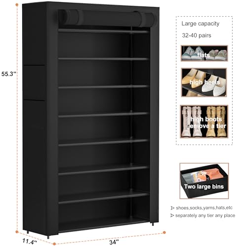 OYREL Tall Shoe Rack Dustproof Cabinet Large Capacity 8 Tier Shoe Organizer,32-40 Pairs of Shoes - size: 8Tier with 2bins Black