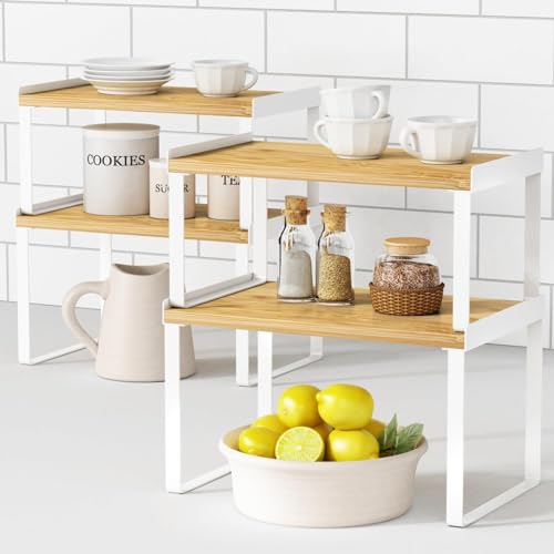 Goozii Kitchen Cabinet Organizer Set of 4, Desk Shelf Riser, Stackable Cabinet Pantry Cupboard Organizer, Kitchen Counter top Shelf, Storage Rack for Spices, Plates, Bamboo Wood, White - color: White-bamboo, size: Medium