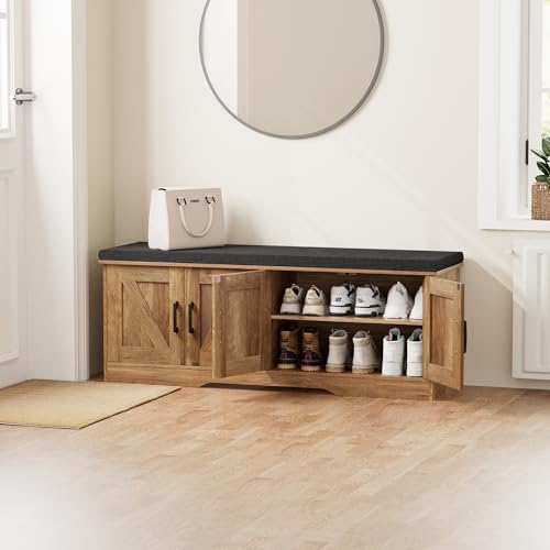 HOMSHO 2-Tier Storage Bench, 47.2" Wide Shoe Bench with Padded Seat Cushion, Entryway Bench with 4 Barn Doors and Adjustable Shelf, Rustic Walnut - color: Rustic Walnut, size: 47.2" Wide