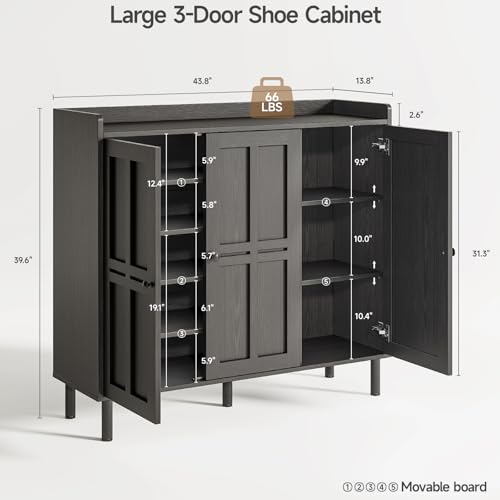 ONBRILL Shoe Cabinet with 3 Doors and Adjustable Shelves, 30 Pairs Shoe Storage Cabinet, 40 Inch Tall Farmhouse Shoe Rack Shoe Organizer Cabinet for Entryway Living Room Closet, Black - color: Black