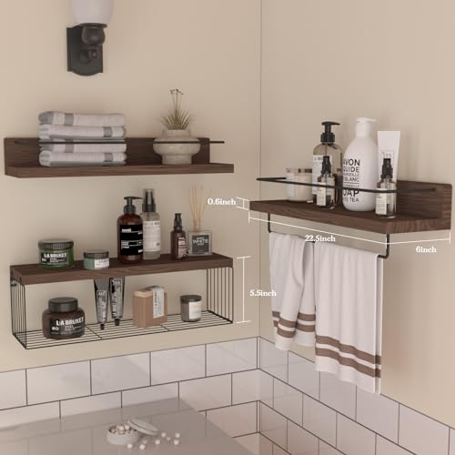 PopiShelves 22.5 inches Bathroom Shelves Over Toilet for Wall, Floating Shelves with Storage Basket Paper Holer for Kitchen Living Room, Bedroom & Classroom, Set of 3 (Dark Brown) - color: Dark Brown, size: 22.5"