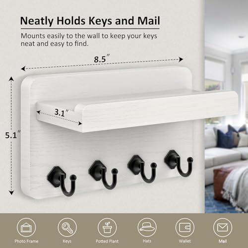Nekon Key Holder Wall Mount, 8.5 Inch Small Home Decor Wooden Wall Organizer with 4 Hooks and Shelf, Key and Mail Holder for Living Room Entryway Kitchen(White) - color: White