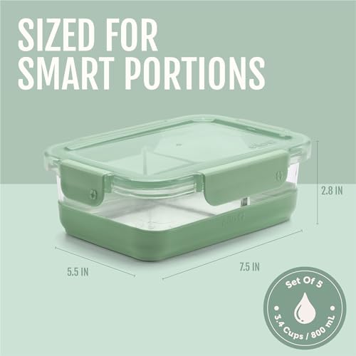 Ello Duraglass Refresh 3.4 Cup Divided Meal Prep Set 10Pc, 5 Pack, 2 Compartment Glass Food Storage Container with Silicone Boot and Airtight BPA-Free Plastic Lids, Dishwasher & Microwave Safe, Glade - color: Divided Meal Prep- Heather Glade, size: 3.4 Cu