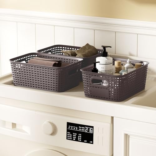 6Pcs Storage Bins with Lids, Stackable Plastic Storage Basket with Bamboo Lid, Pantry Organizer Box Small Containers for Organizing Shelves Drawer Desktop Closet Cabinet Office Classroom 10x7.1x4.1in - color: Brown