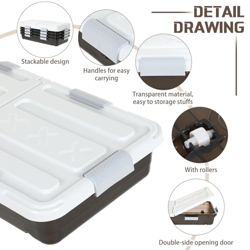 Beeveer 4 Pcs Plastic Under Bed Storage Container with Double Opening Lid Wheel Handle, Transparent Large Capacity Stackable Latching Festival Storage Bin for Closet Bedroom, 31.5x15.8x5.2 In(Brown) - color: Brown