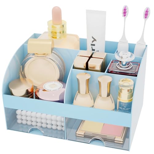 Makeup Organizer with 2 Drawers, Cosmetic Storage for Dresser Vanity and Bathroom Countertop,Make up organization and Skincare Storage with Beauty Brush Holder, Cosmetic Display Case (Blue) - color: Blue