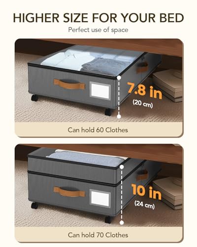 Under Bed Storage with Wheels, 10 inches Under Bed Storage Containers, 65L XXL Large Adjustable Underbed with Lids, Rolling Underbed Storage bins for Shoes, Clothes, Blankets, Grey - color: Grey